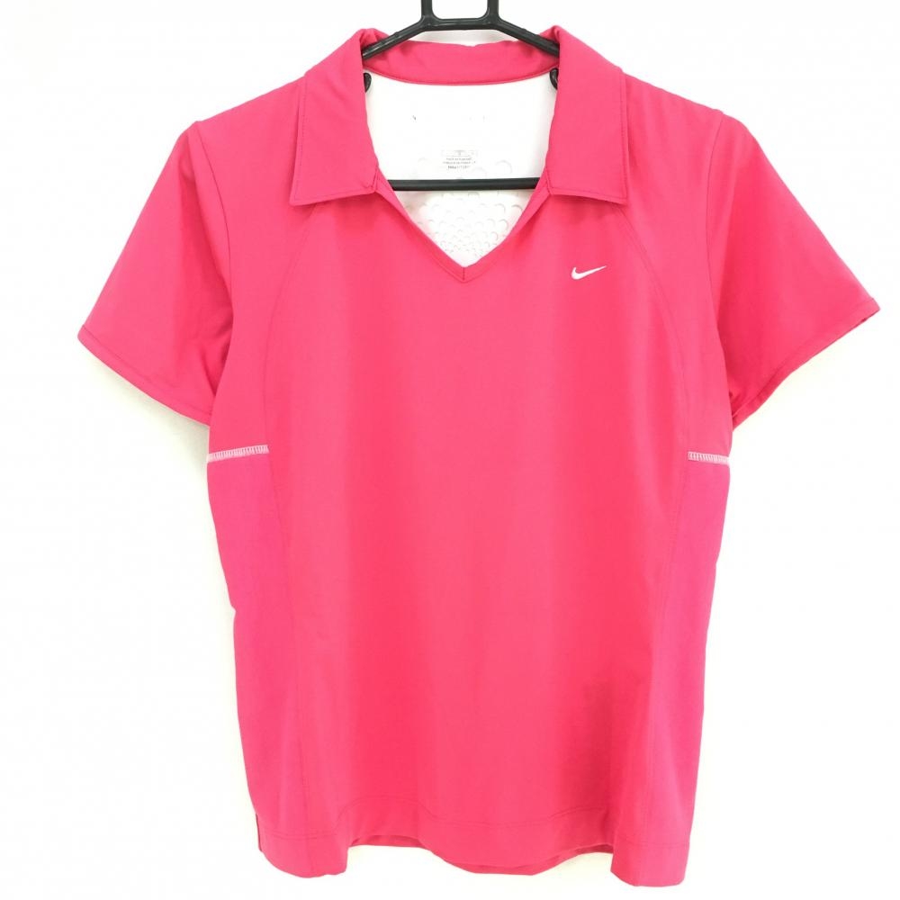 【美品】ナイキ 半袖スキッパーシャツ ピンク×白 背面花切り込み 一部メッシュ  レディース L ゴルフウェア NIKE