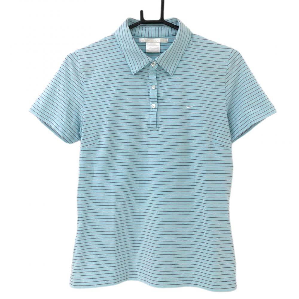ナイキ 半袖ポロシャツ ライトブルー×ブラウン ボーダー柄 総柄 レディース L ゴルフウェア NIKE