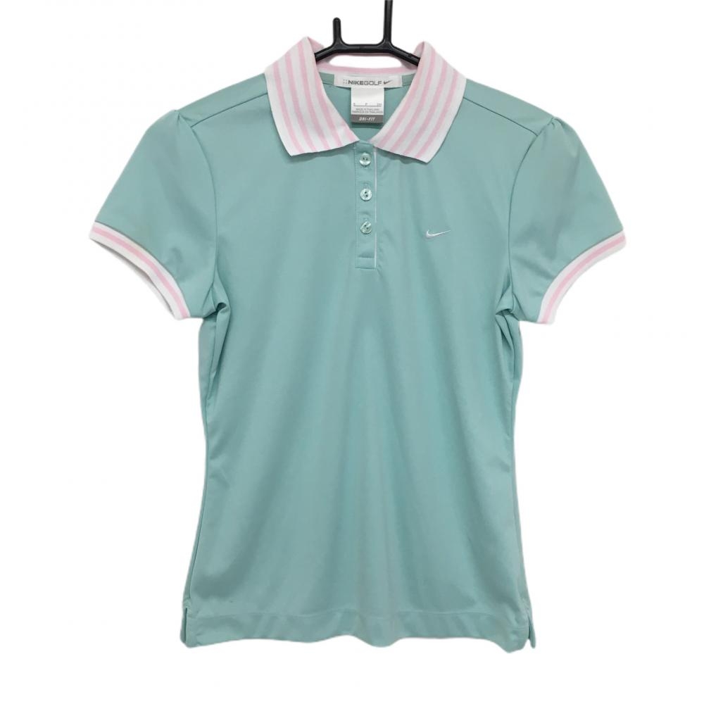 ナイキ 半袖ポロシャツ エメラルドグリーン×ピンク 襟・袖口ボーダー ロゴ刺しゅう レディース S ゴルフウェア NIKE