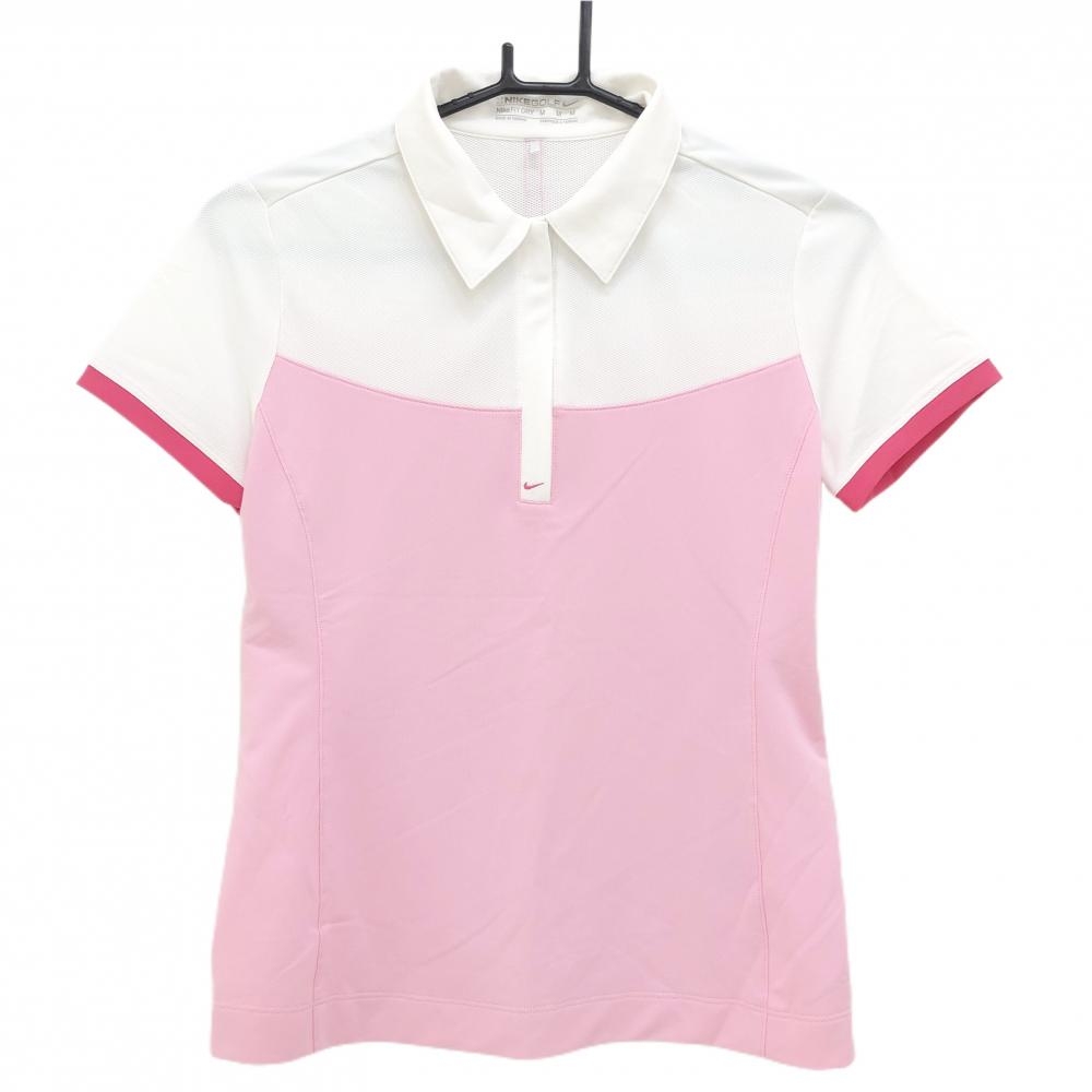 【超美品】ナイキゴルフ 半袖ポロシャツ 白×ピンク ハーフジップ 織生地 ロゴ刺しゅう レディース M ゴルフウェア NIKE