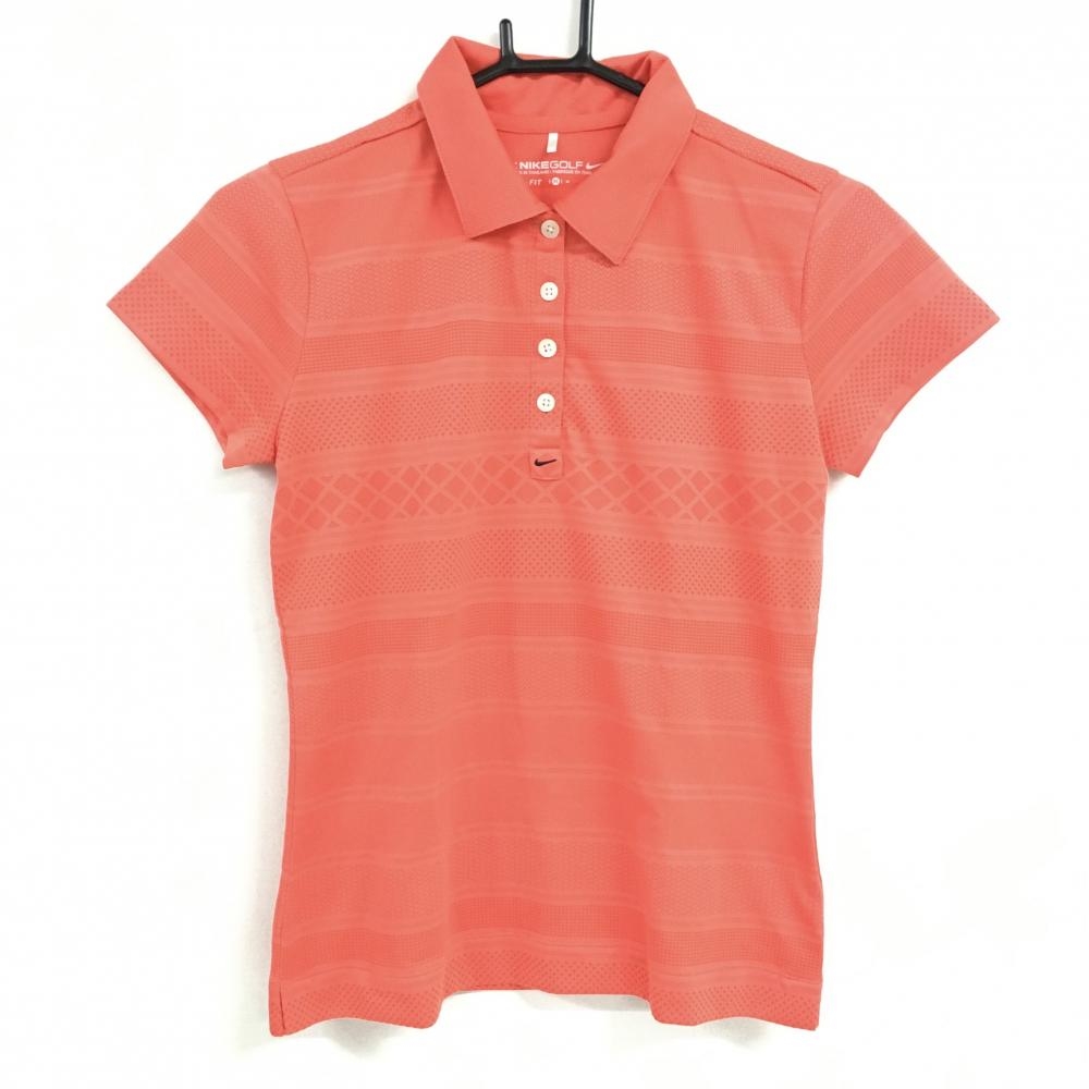 【美品】ナイキゴルフ 半袖ポロシャツ サーモンオレンジ系 ボーダー織生地 一部チェック DRI-FIT レディース M ゴルフウェア NIKE