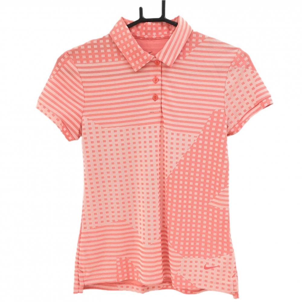 【超美品】ナイキ 半袖ポロシャツ オレンジ×白 一部ボーダー 格子 DRI-FIT レディース XS ゴルフウェア NIKE