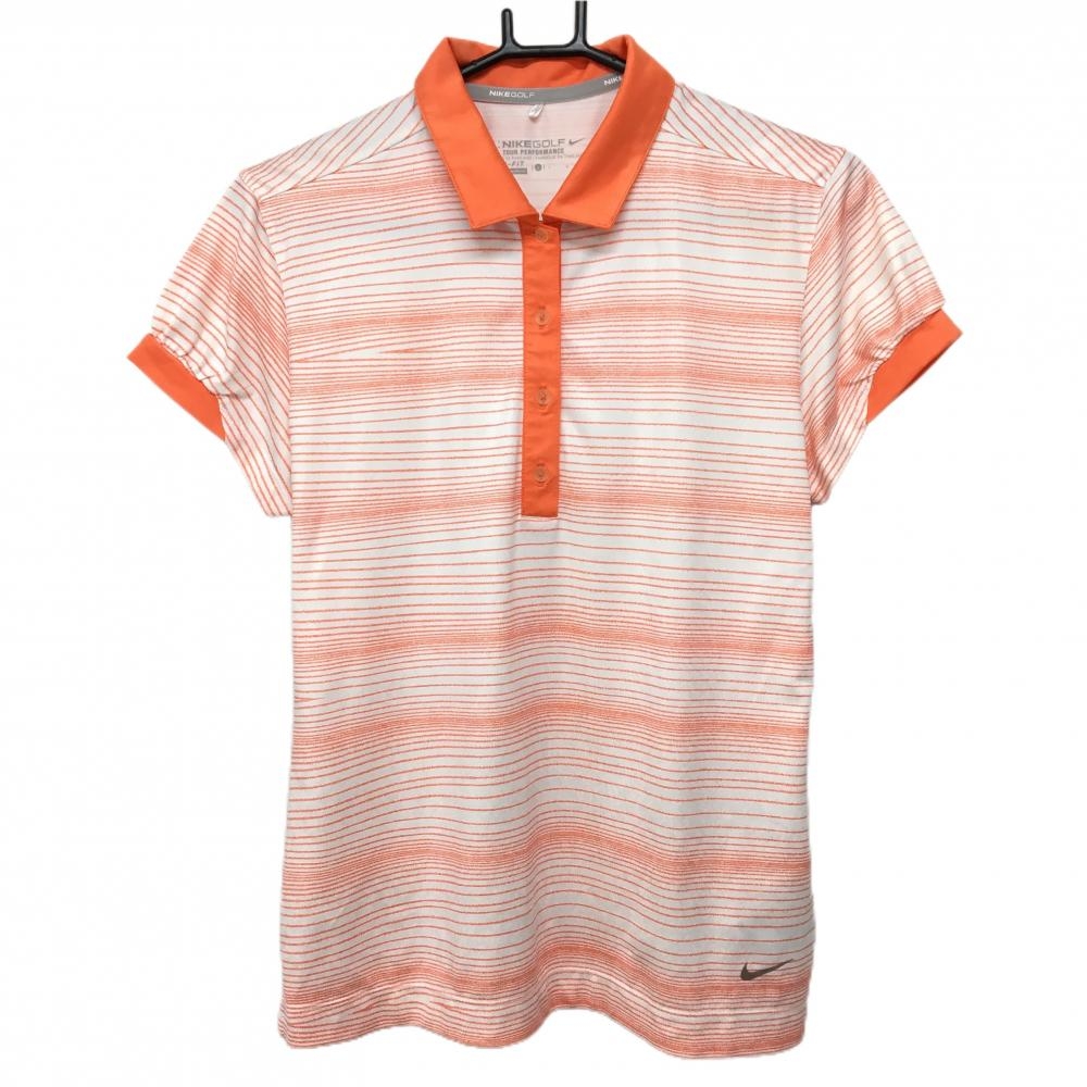 【超美品】ナイキゴルフ 半袖ポロシャツ 白×オレンジ ボーダー 裾ロゴ DRI-FIT レディース L ゴルフウェア NIKE