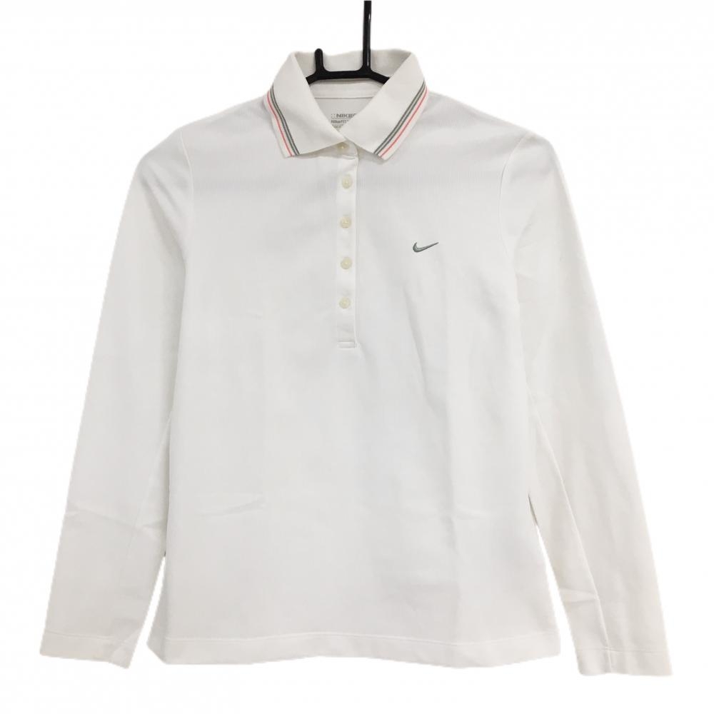 【美品】ナイキゴルフ 長袖ポロシャツ 白 ロゴ刺しゅう 襟ライン レディース M ゴルフウェア NIKE