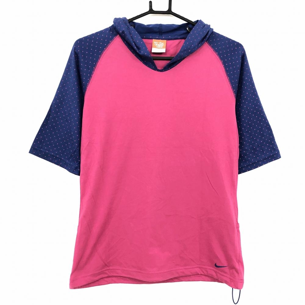 【美品】NIKE ナイキ フード付き半袖パーカーTシャツ ピンク×ネイビー 一部ドット柄 ドローコード レディース M ゴルフウェア