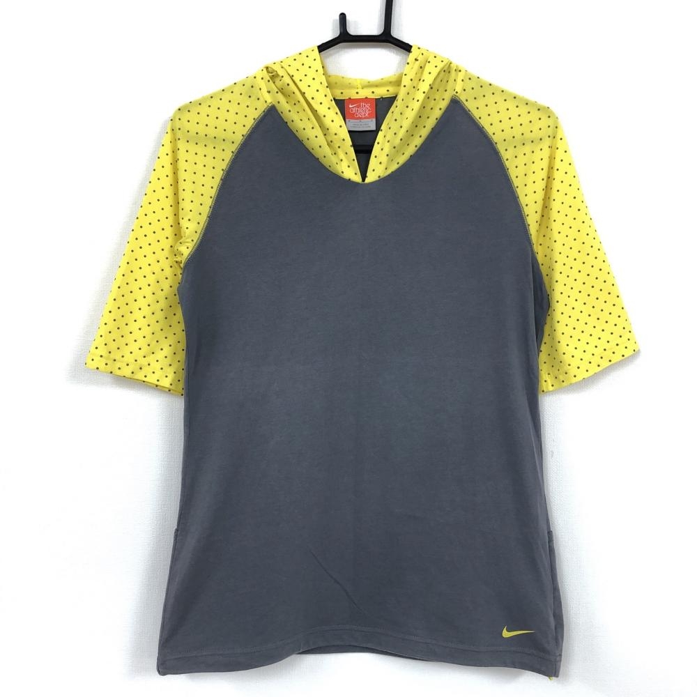 美品 Nike ナイキ フード付き半袖パーカーtシャツ グレー イエロー 一部ドット柄 ドローコード レディース M ゴルフウェア 中古ゴルフウェア通販サイトreonard レオナード