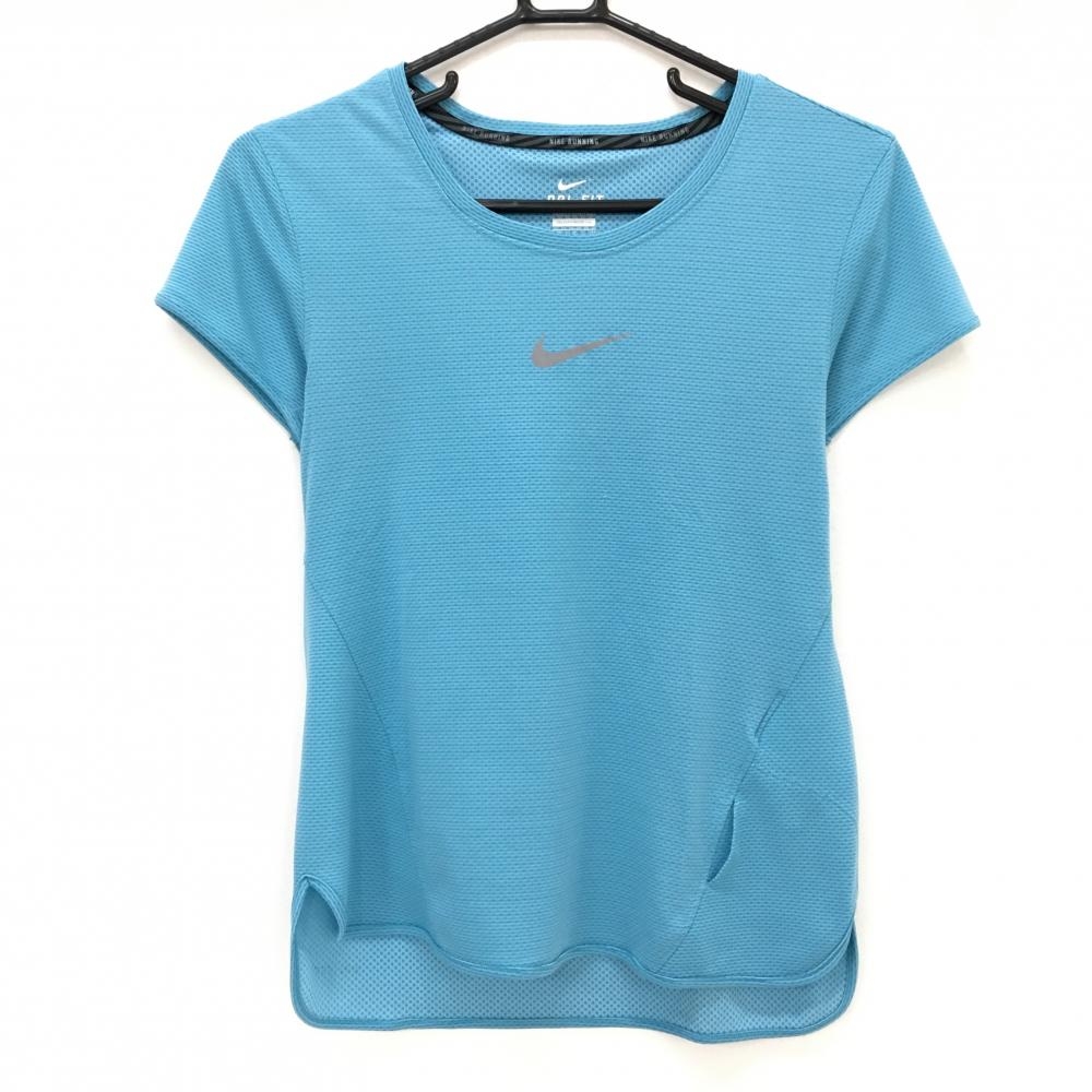 【美品】ナイキ Tシャツ ライトブルー 地模様 ロゴプリント  レディース M ゴルフウェア NIKE