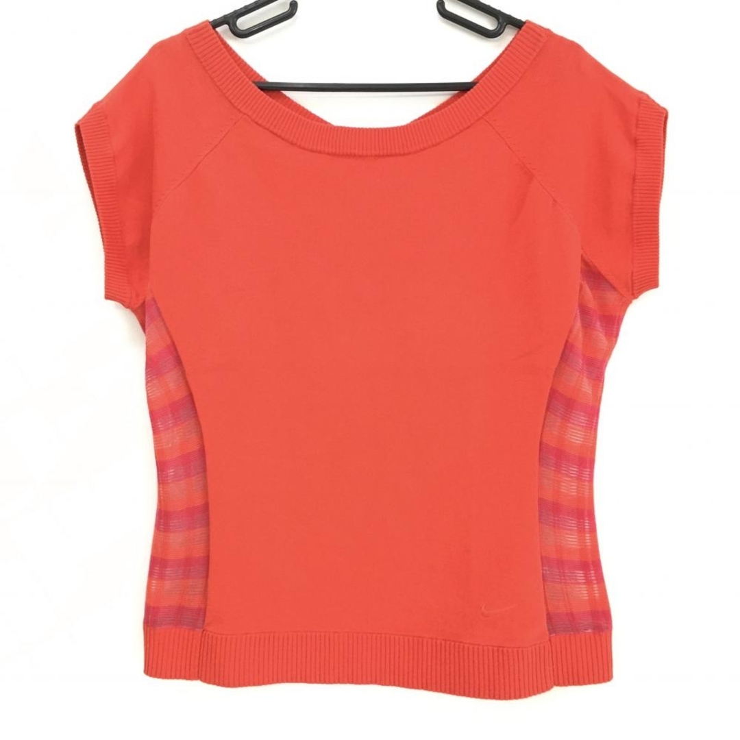 ナイキゴルフ 半袖シャツ オレンジレッド×ピンク 背面チェック 背面シアー サマーセーター コットン混 レディース XL ゴルフウェア NIKE