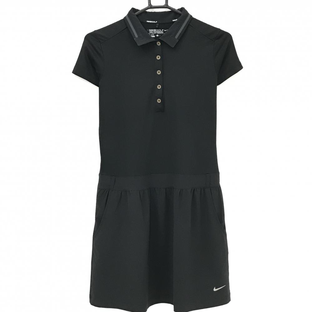 【美品】ナイキゴルフ 半袖ポロワンピース 黒 インナーパンツ付き 裾ロゴ レディース S ゴルフウェア NIKE