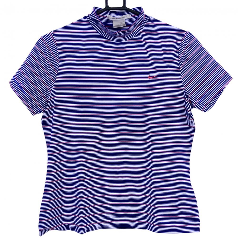 【超美品】ナイキゴルフ 半袖ハイネックシャツ パープル×白 ボーダー ロゴ刺しゅう レディース L　G　G ゴルフウェア NIKE