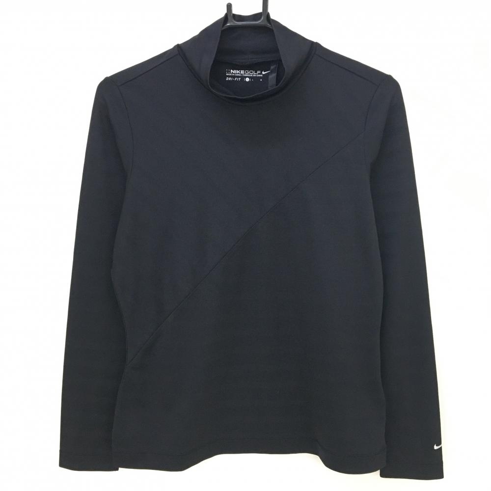 【美品】ナイキゴルフ 長袖ハイネックシャツ 黒 ボーダー風地模様 レディース L ゴルフウェア NIKE
