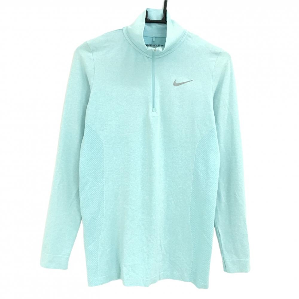 【美品】ナイキゴルフ 長袖ハイネックシャツ 杢ライトブルー ハーフジップ ロゴプリント レディース L ゴルフウェア NIKE