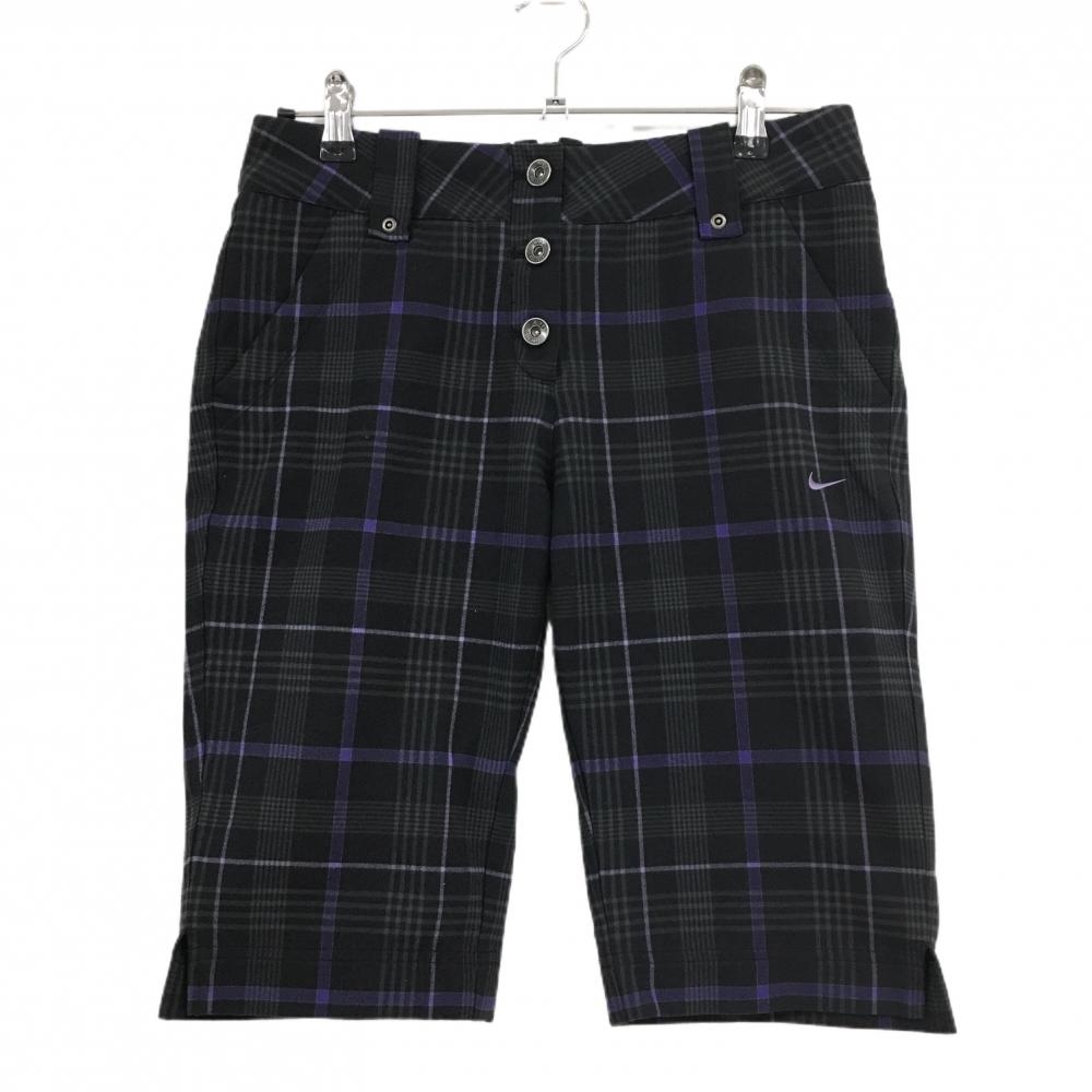 【美品】ナイキゴルフ 半端丈パンツ 黒×ネイビー チェック柄 ロゴ刺しゅう レディース 4 ゴルフウェア NIKE