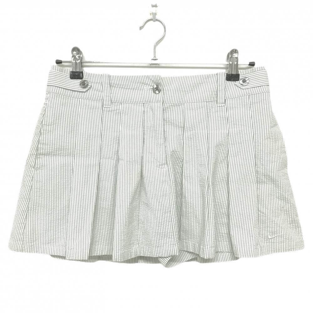 【美品】ナイキゴルフ プリーツスカート 白×グレー ストライプ サッカー生地 内側インナーパンツ  レディース 4 ゴルフウェア NIKE