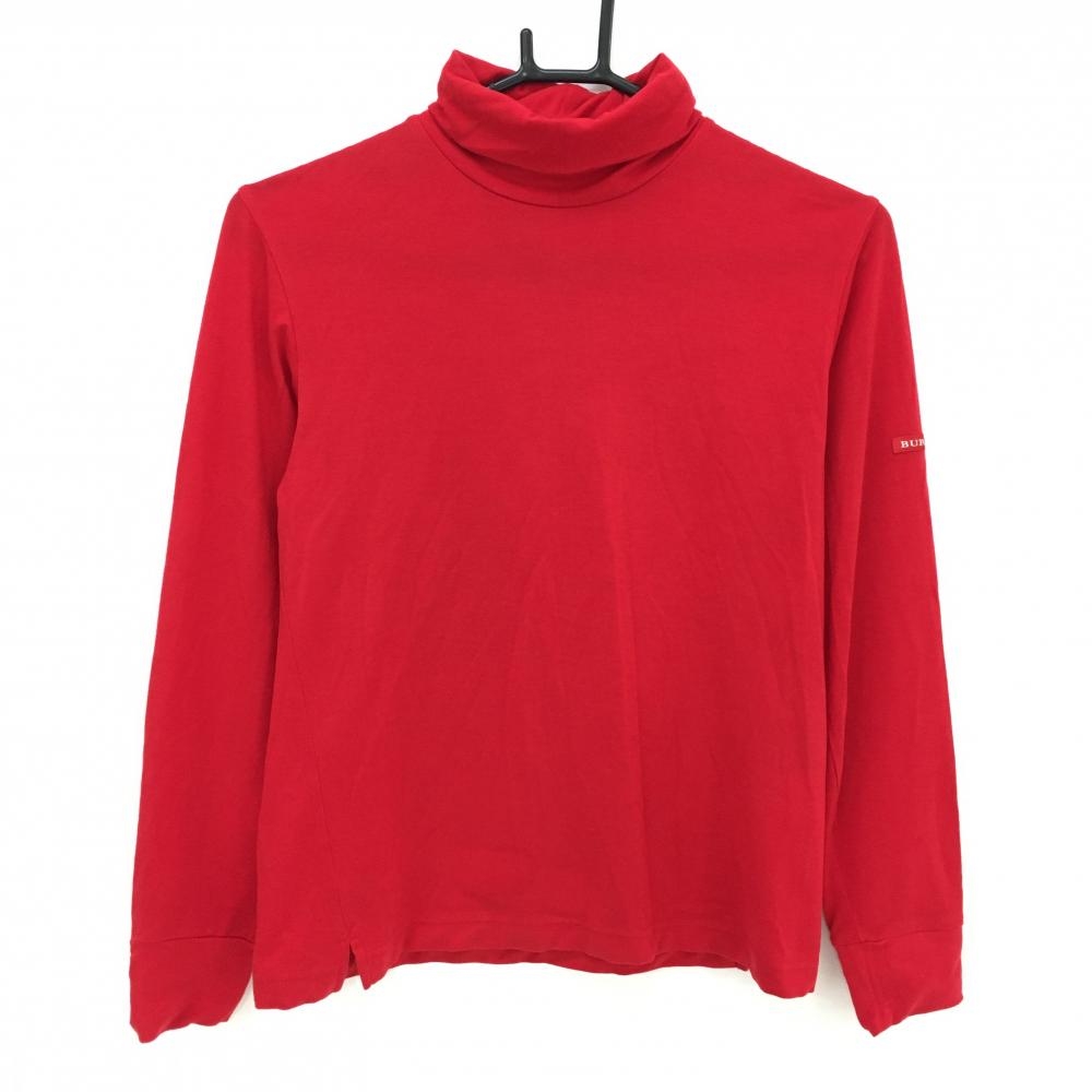 【美品】バーバリーゴルフ 長袖ハイネックシャツ レッド 無地 袖ロゴ レディース M ゴルフウェア BURBERRY GOLF
