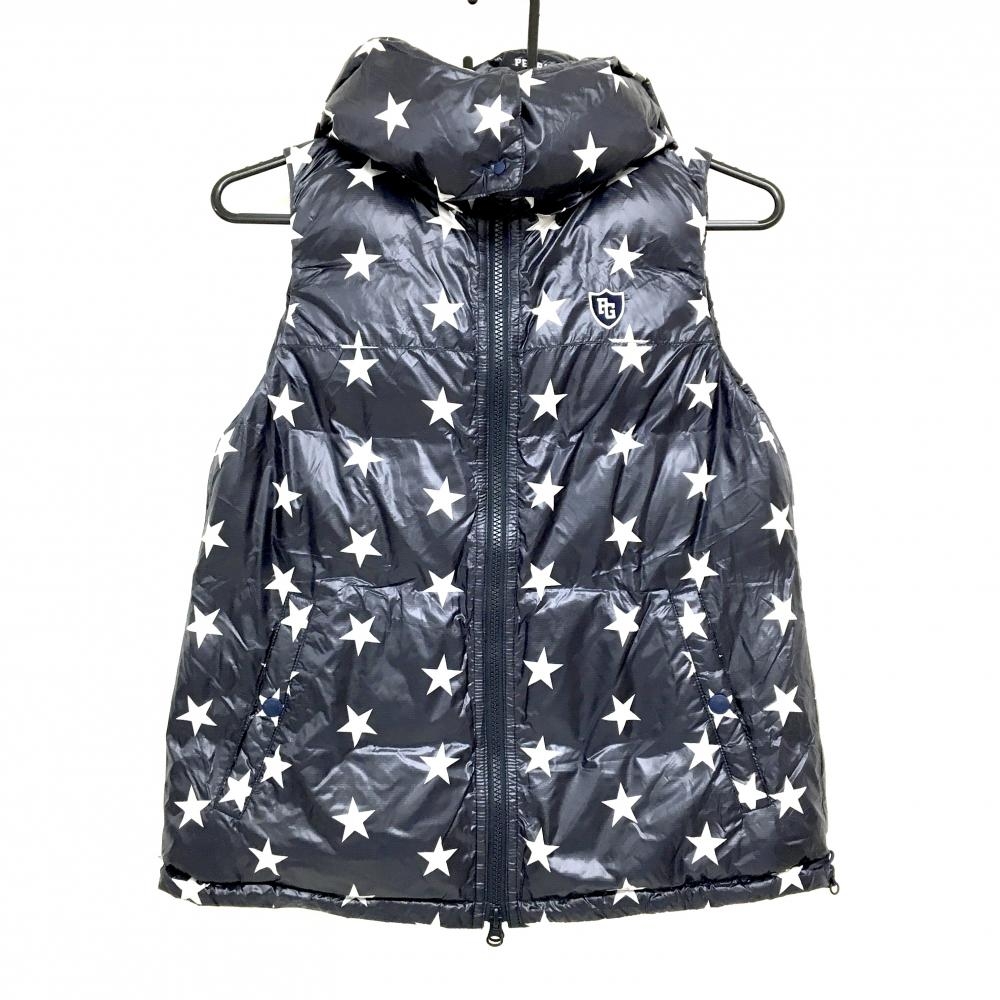 【美品】パーリーゲイツ 2WAYリバーシブルダウンベスト ネイビー×白 星柄 裏無地  レディース 0(S) ゴルフウェア PEARLY GATES