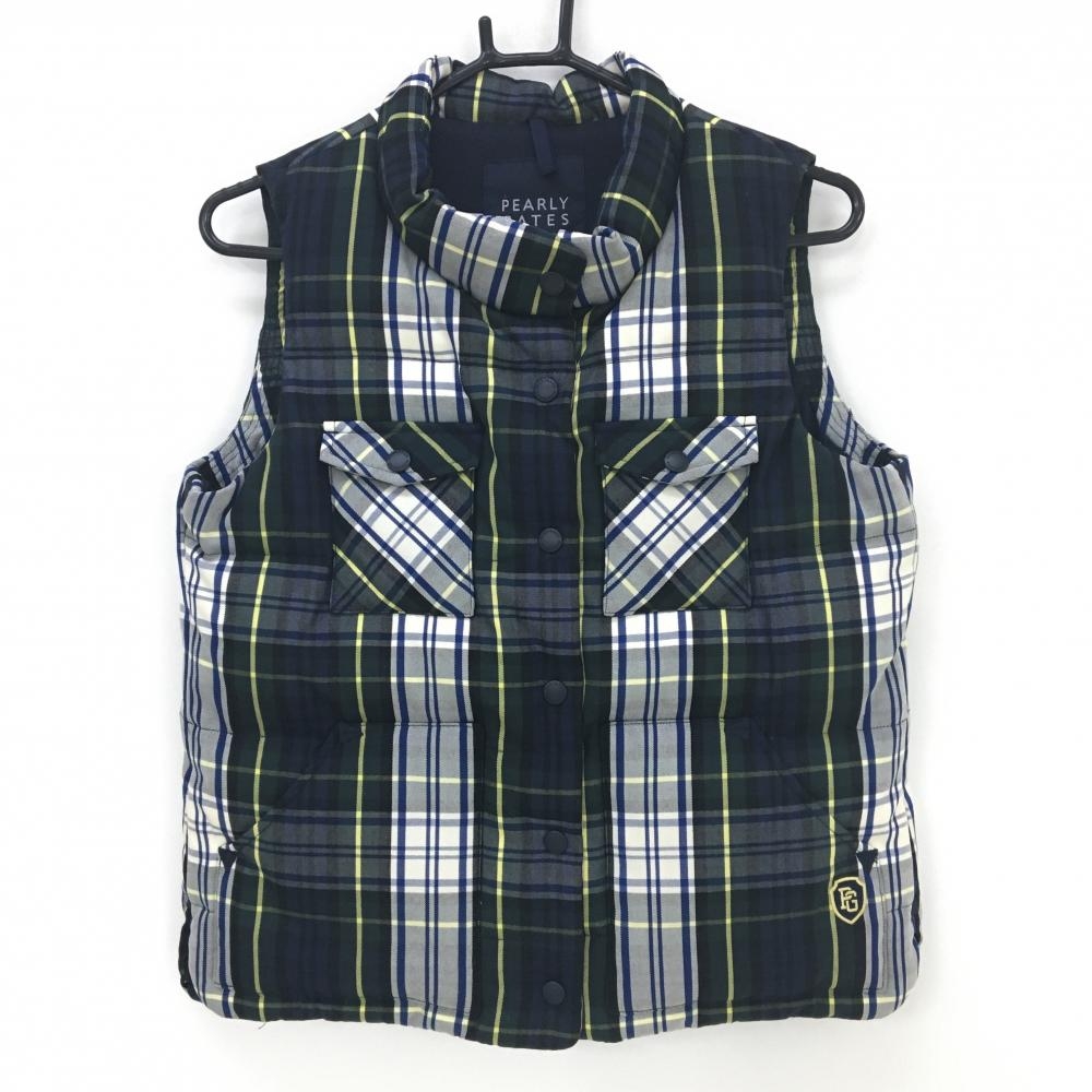 【美品】パーリーゲイツ ダウンベスト グリーン×ネイビー×イエロー チェック レディース 1(M) ゴルフウェア PEARLY GATES