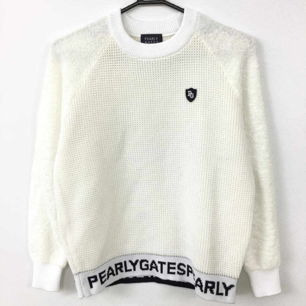 【超美品】PEARLY GATES パーリーゲイツ 異素材ニットセーター 白×ネイビー 裾ビッグロゴ ウール混 レディース 1(M) ゴルフウェア