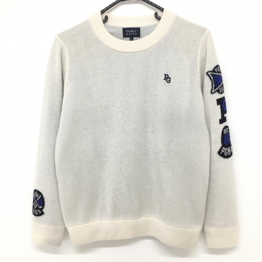 【美品】パーリーゲイツ 裏地付きセーター 白×ネイビー カシミヤ100％ レディース 1(M) ゴルフウェア 2022年モデル PEARLY GATES