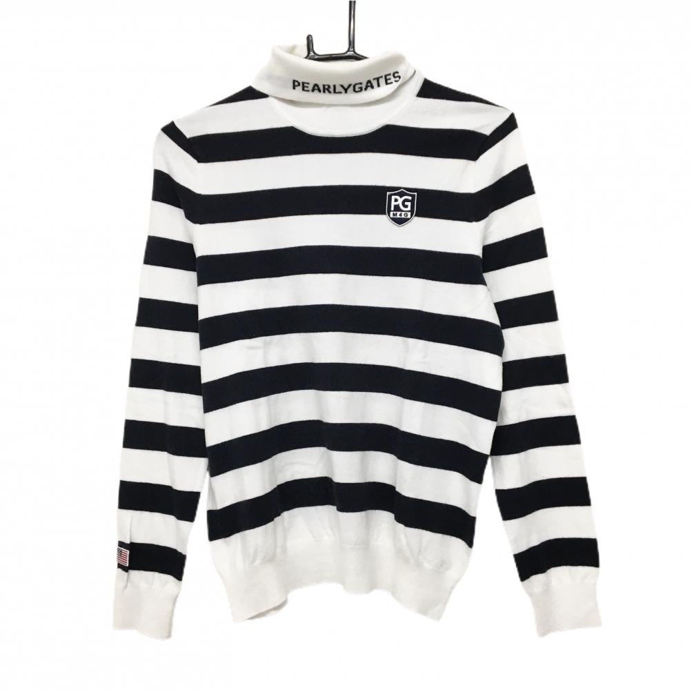 【美品】パーリーゲイツ タートルネックセーター 白×ダークネイビー ボーダー ニット レディース 1(M) ゴルフウェア PEARLY GATES
