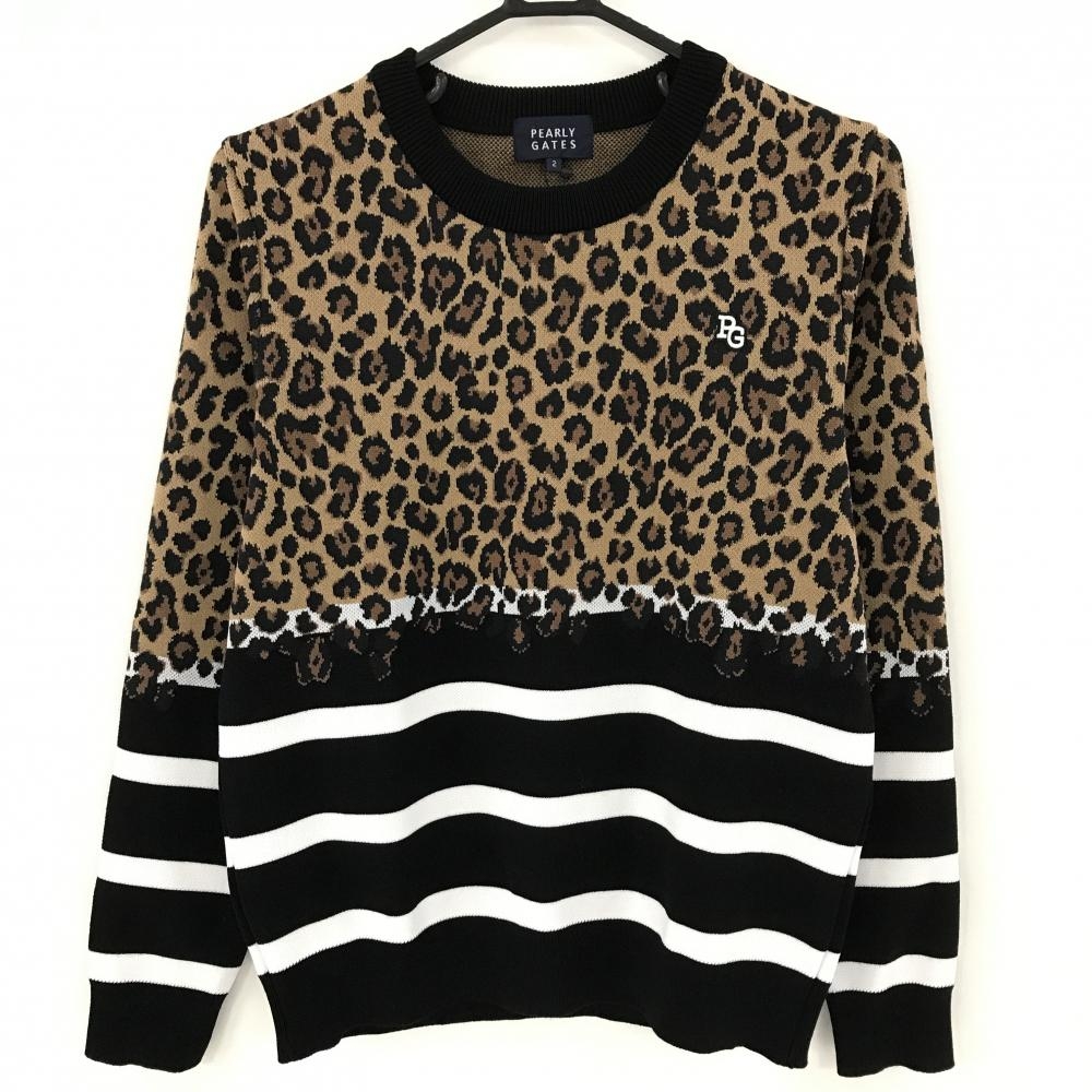 【新品】パーリーゲイツ セーター 黒×ブラウン 一部レオパード ニット レディース 2(L) ゴルフウェア PEARLY GATES