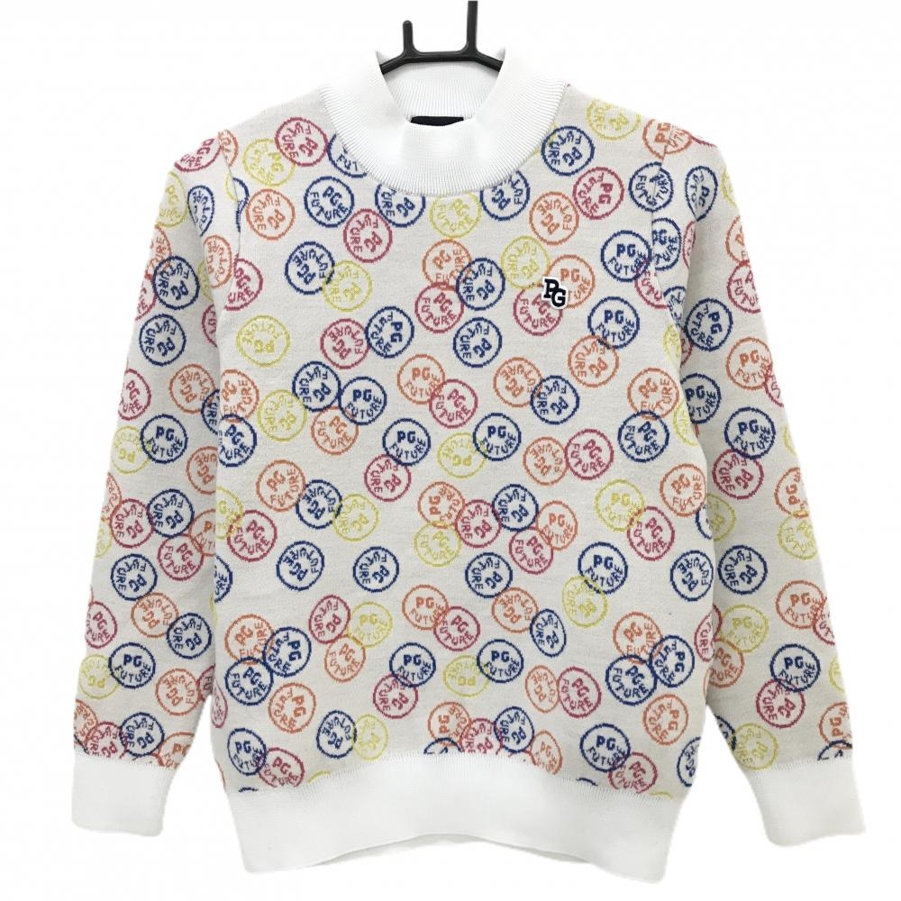 【美品】パーリーゲイツ ハイネックセーター 白×マルチカラー ロゴドット柄 ニット ウール混 レディース 0(S) ゴルフウェア PEARLY GATES