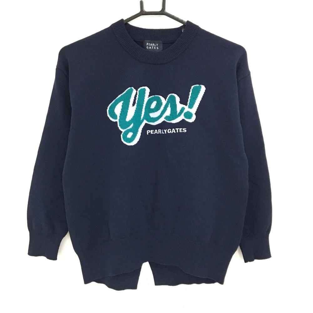 【美品】パーリーゲイツ セーター ネイビー×ブルーグリーン ニット ウール混 レディース 0(S) ゴルフウェア PEARLY GATES