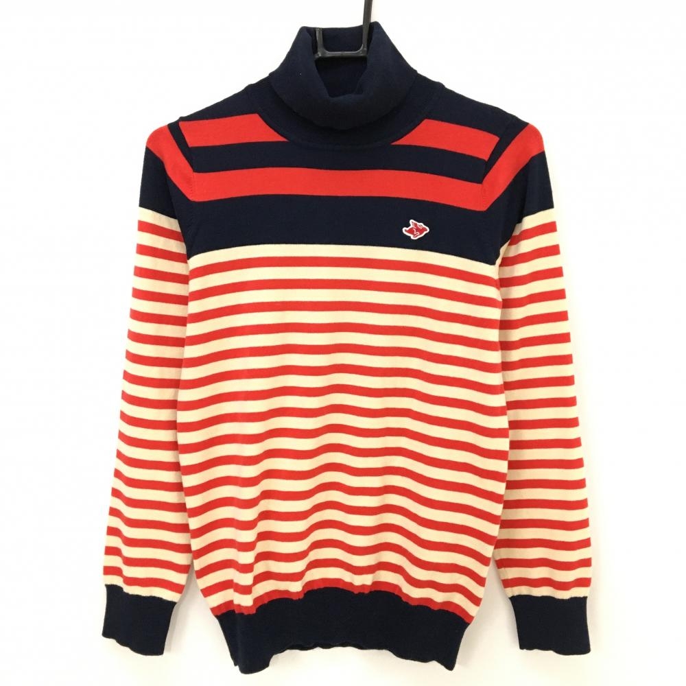 【美品】パーリーゲイツ タートルネックセーター ベージュ×レッド×ネイビー ボーダー ニット レディース 1(M) ゴルフウェア PEARLY GATES
