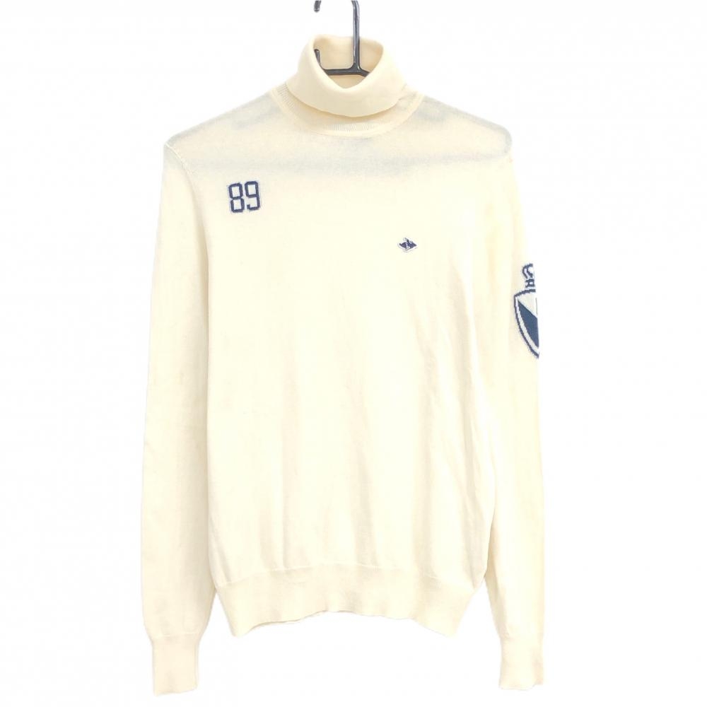 パーリーゲイツ タートルネックセーター アイボリー ロゴネイビー コットン混 ニット レディース 0(S) ゴルフウェア PEARLY GATES