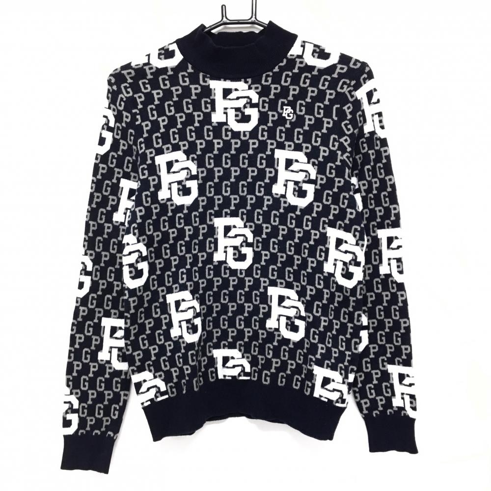パーリーゲイツ ハイネックセーター ネイビー×グレー ロゴ総柄 コットン100％ レディース 1(M) ゴルフウェア 2024年モデル PEARLY GATES