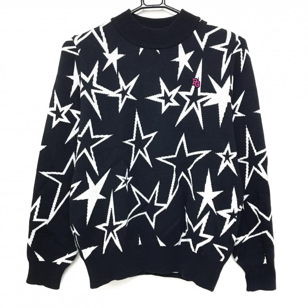 【美品】パーリーゲイツ ハイネックセーター 黒×白 星柄 ウール混 ニット レディース 1(M) ゴルフウェア 2025年モデル PEARLY GATES