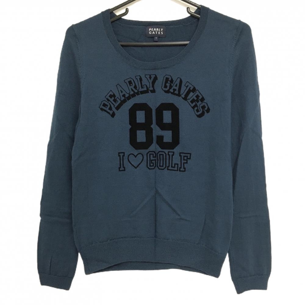 【美品】パーリーゲイツ セーター ダスティブルー系×黒 ニット ウール100％ 薄手 レディース 1(M) ゴルフウェア PEARLY GATES