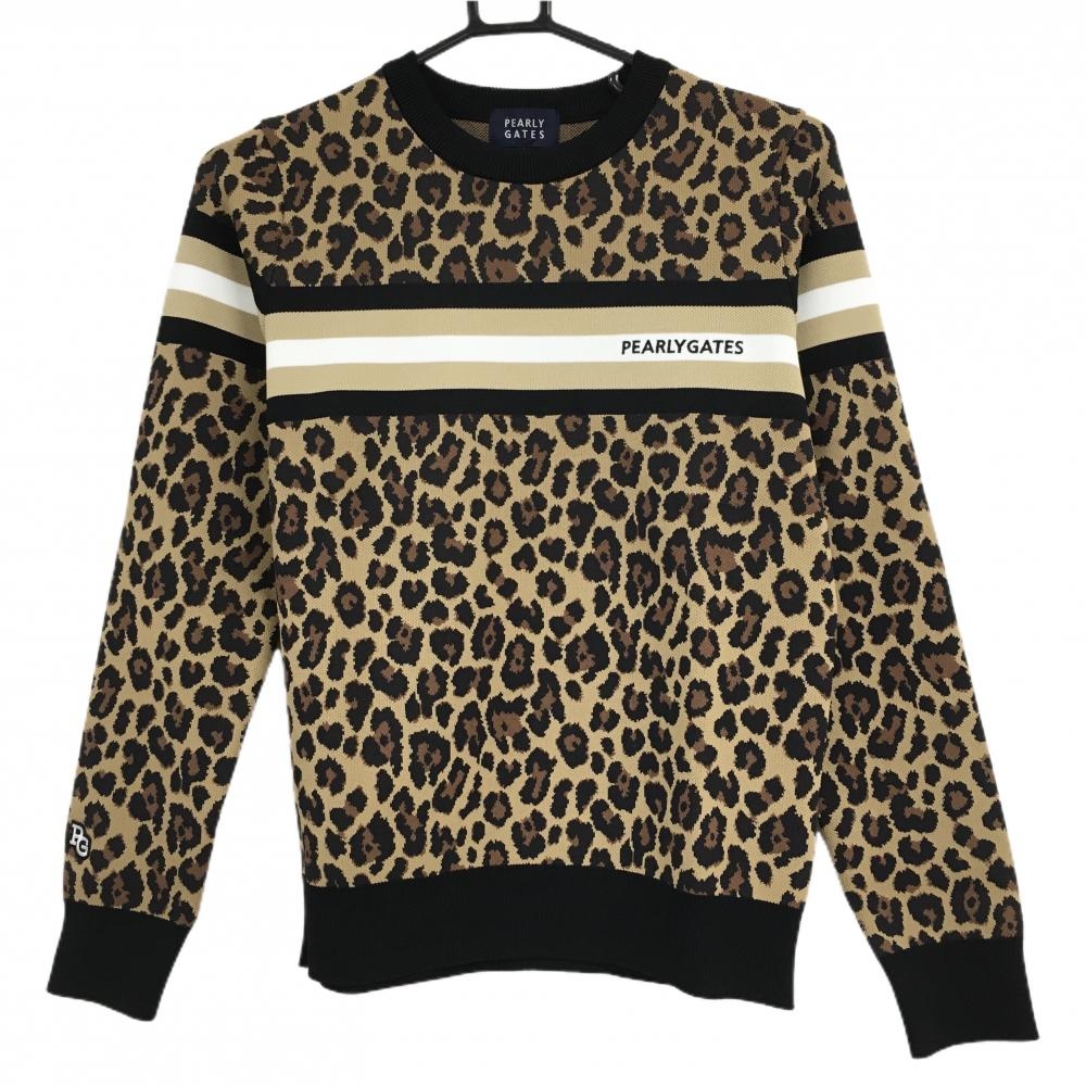 【新品】パーリーゲイツ セーター ライトブラウン×黒 レオパード柄 胸元ライン ロゴ刺しゅう  レディース 0(S) ゴルフウェア PEARLY GATES