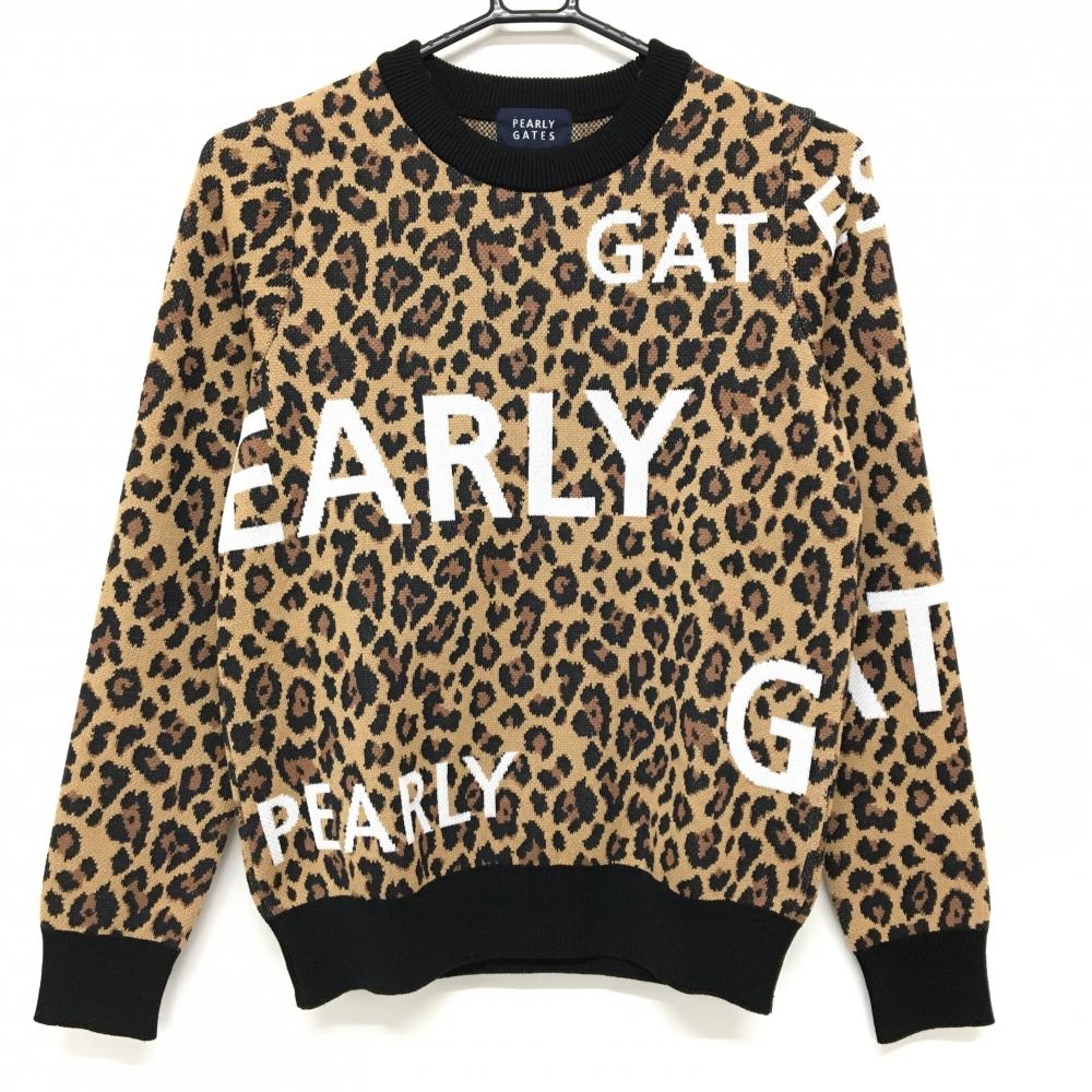 【新品】パーリーゲイツ セーター ライトブラウン×黒 レオパード柄 ロゴ白 ウール混 ニット レディース 0(S) ゴルフウェア PEARLY GATES