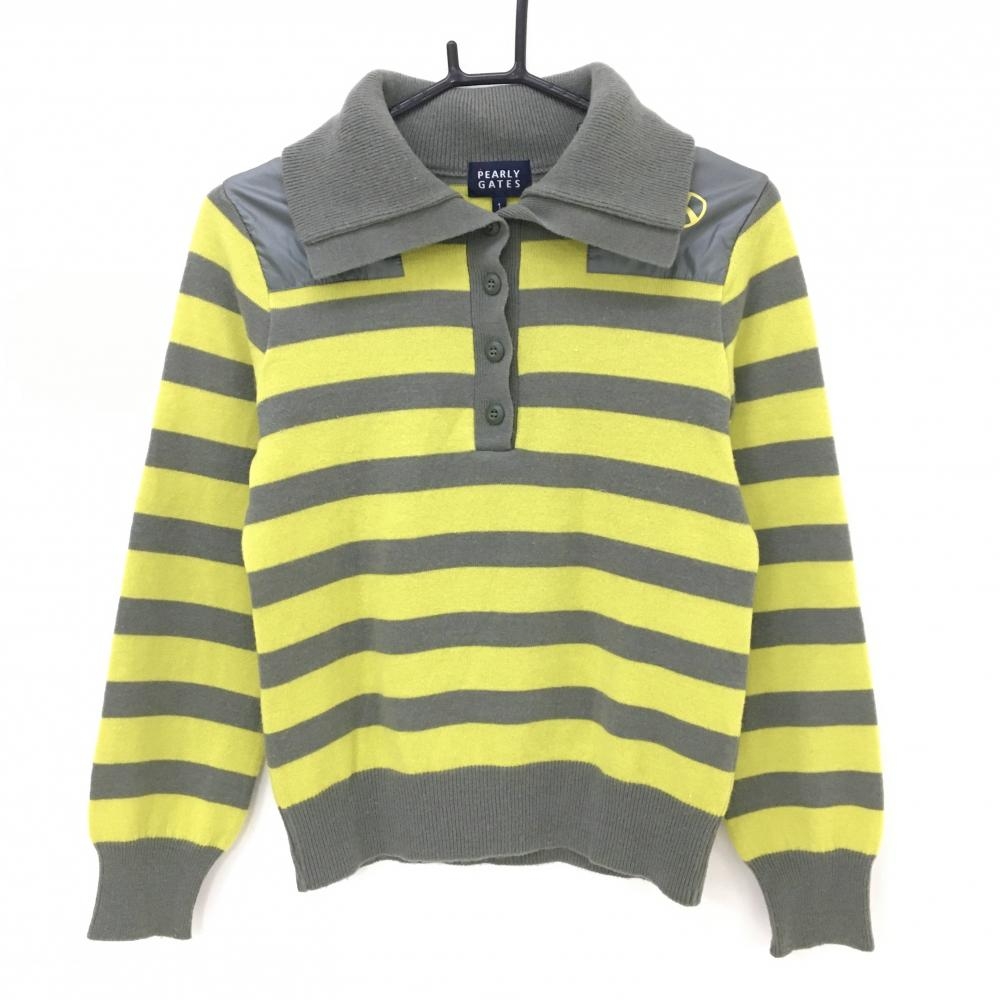【美品】パーリーゲイツ 襟付セーター グレー×イエロー ボーダー アンゴラ混 ニット  レディース 1(M) ゴルフウェア PEARLY GATES