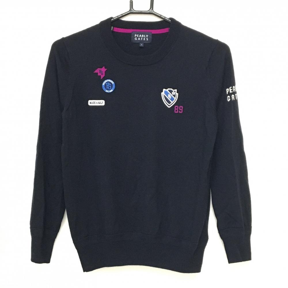 【美品】パーリーゲイツ セーター 黒×パープル ニット ウール100％ 複数ワッペン レディース 1(M) ゴルフウェア PEARLY GATES