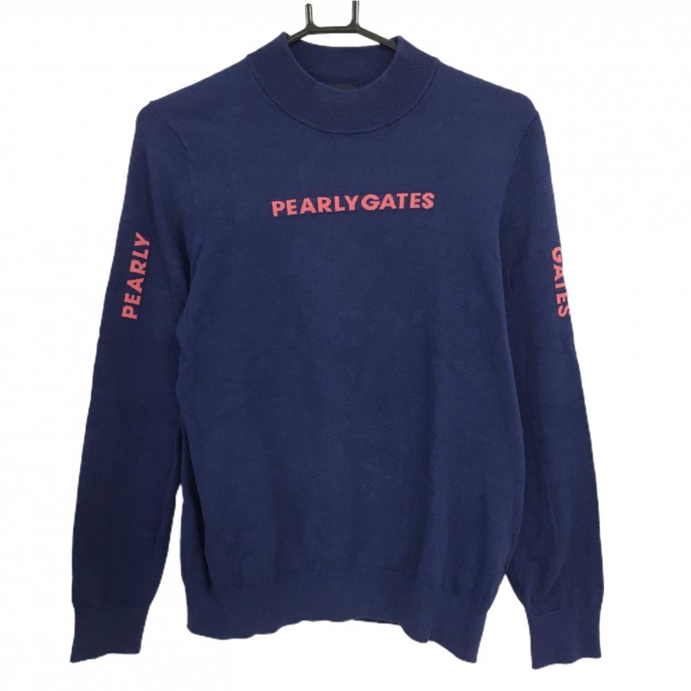 パーリーゲイツ ハイネックセーター ピンク×白 ロゴ ニット レディース 2(L) ゴルフウェア PEARLY GATES