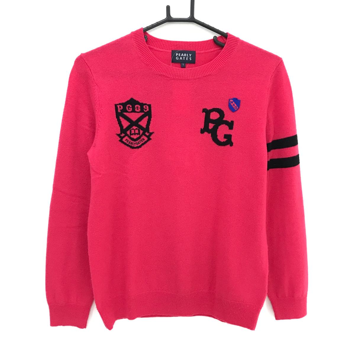 パーリーゲイツ セーター ピンク×黒 袖2ライン カシミヤ混 ニット  レディース 1(M) ゴルフウェア PEARLY GATES