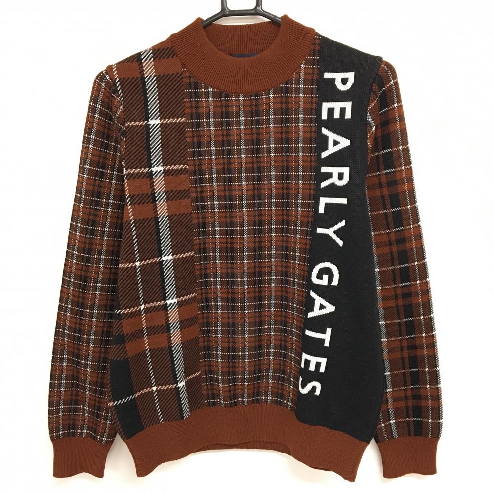 【超美品】パーリーゲイツ ハイネックセーター ブラウン×黒×白 チェック ロゴ ニット レディース 2(L) ゴルフウェア PEARLY GATES