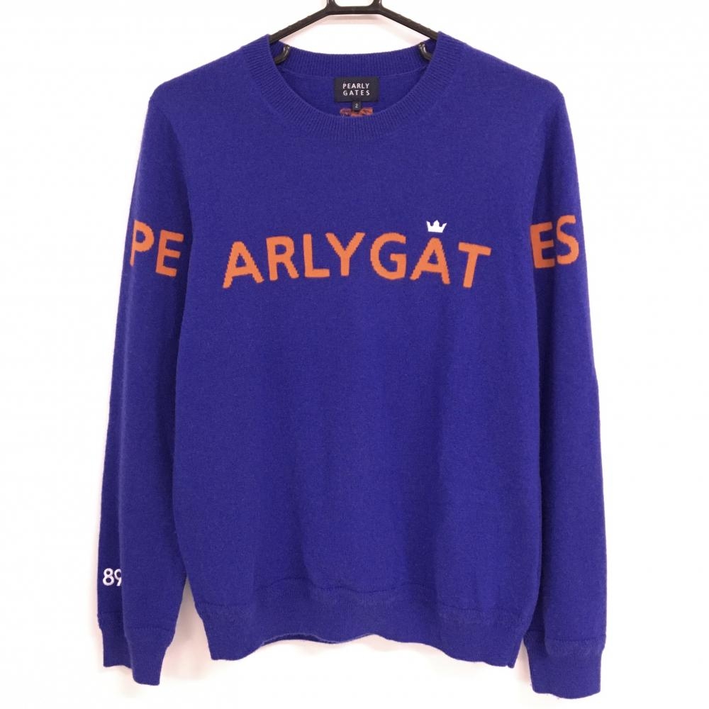 パーリーゲイツ セーター ダークブルー カシミヤ100％ ロゴオレンジ ニット レディース 2(L) ゴルフウェア PEARLY GATES