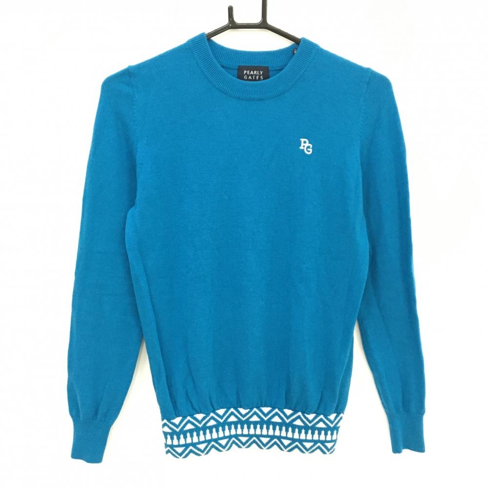 【美品】パーリーゲイツ セーター ブルー×白 裾総柄 ウール100％ ニット レディース 0(S) ゴルフウェア PEARLY GATES