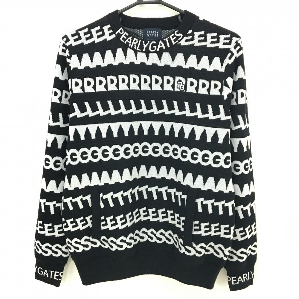 【超美品】パーリーゲイツ セーター ダークネイビー×白 柄ボーダー 裏地付 ウール混 ニット レディース 1(M) ゴルフウェア PEARLY GATES