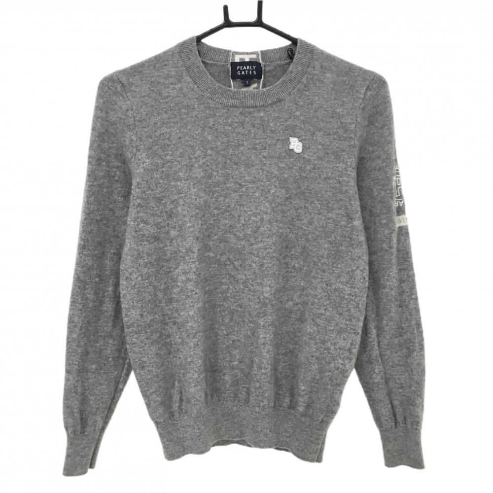 【超美品】パーリーゲイツ セーター グレー×白 カシミヤ100％ 背面ロゴ レディース 1(M) ゴルフウェア PEARLY GATES