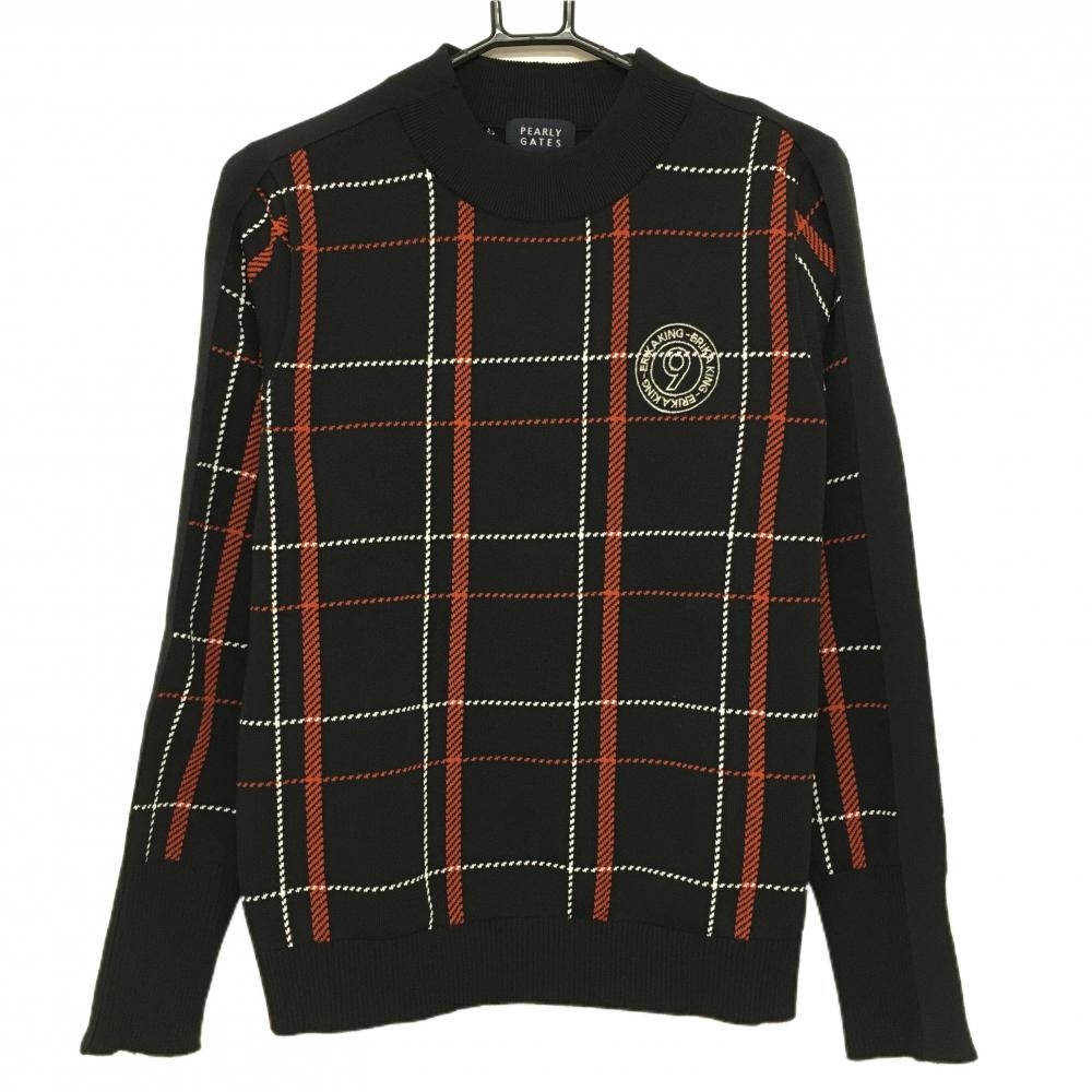 【超美品】パーリーゲイツ セーター 黒×レッド チェック コットン混 ニット  レディース 2(L) ゴルフウェア PEARLY GATES