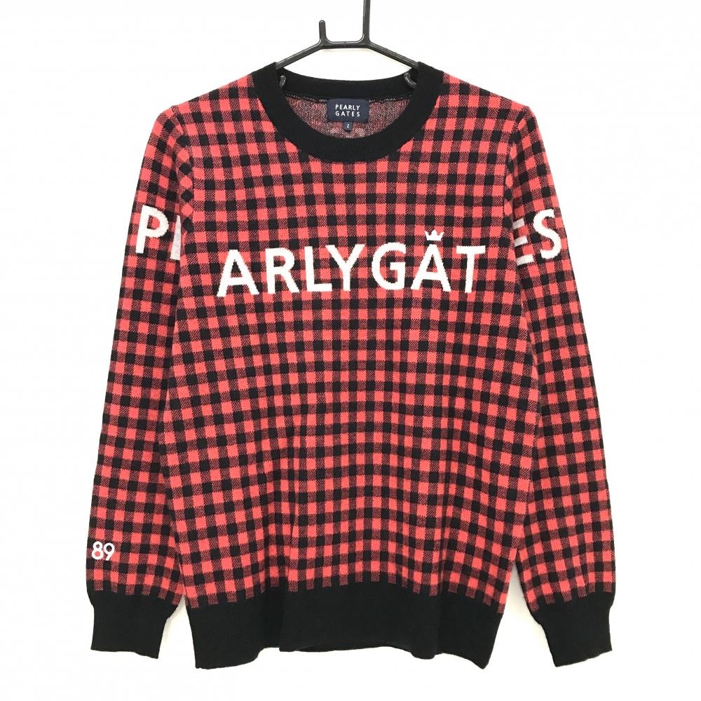 【超美品】パーリーゲイツ セーター レッド×黒 ギンガムチェック カシミヤ100％ レディース 2(L) ゴルフウェア PEARLY GATES