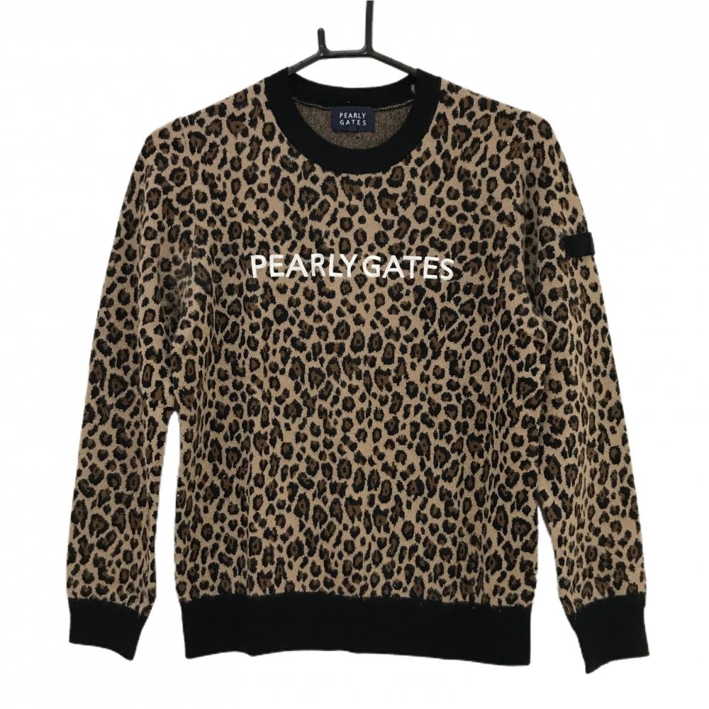 パーリーゲイツ セーター ライトブラウン×黒 レオパード ヒョウ柄 カシミヤ混 ニット レディース 1(M) ゴルフウェア PEARLY GATES