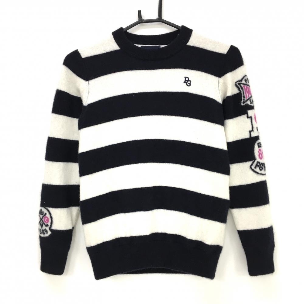 【超美品】パーリーゲイツ 裏地付セーター ネイビー×白 ボーダー カシミヤ100％ ニット レディース 0(S) ゴルフウェア PEARLY GATES