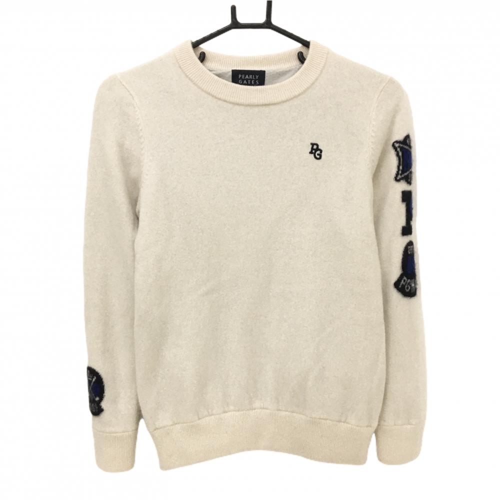 【超美品】パーリーゲイツ 裏地付セーター 白×ネイビー 袖ロゴ カシミヤ100％ ニット  レディース 1(M) ゴルフウェア PEARLY GATES