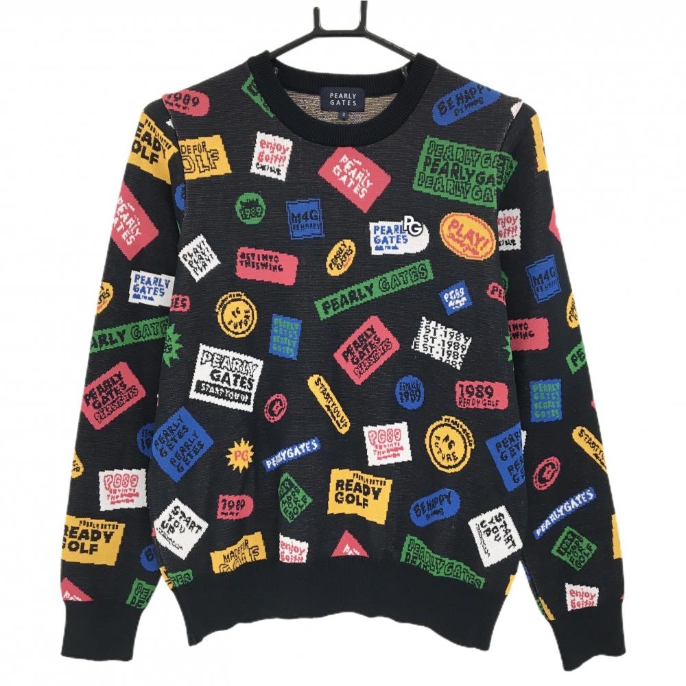 【超美品】パーリーゲイツ セーター ネイビー×マルチカラー ロゴ総柄 ワッペン ニット レディース 0(S) ゴルフウェア PEARLY GATES
