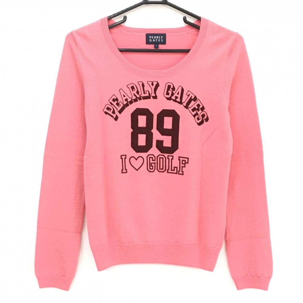 【超美品】パーリーゲイツ セーター ピンク×ボルドー フロッキーワッペン ウール100％ ニット レディース 1(M) ゴルフウェア PEARLY GATES